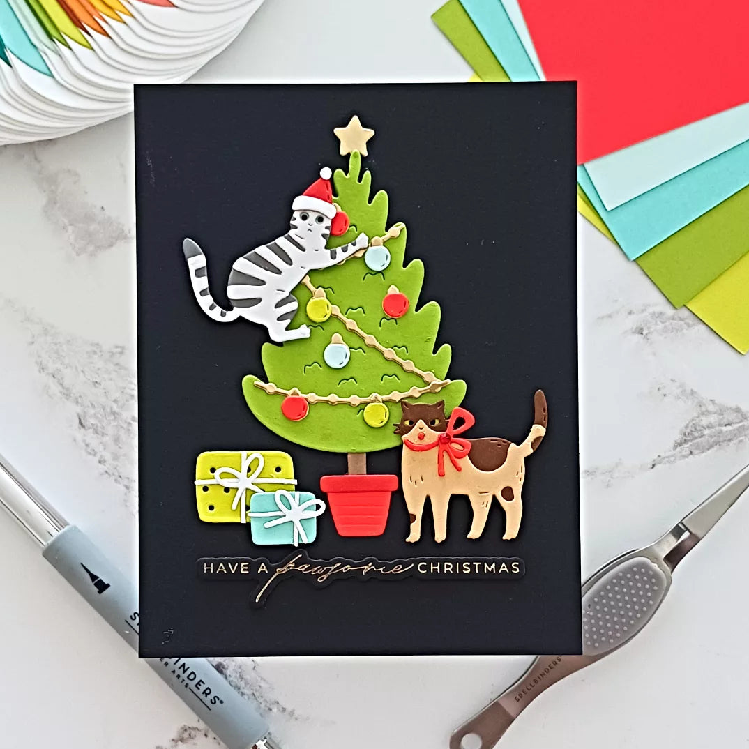 Spellbinders Christmas Cats Accessories Etched Dies s4-1547 cat with bow cat presents christmas card