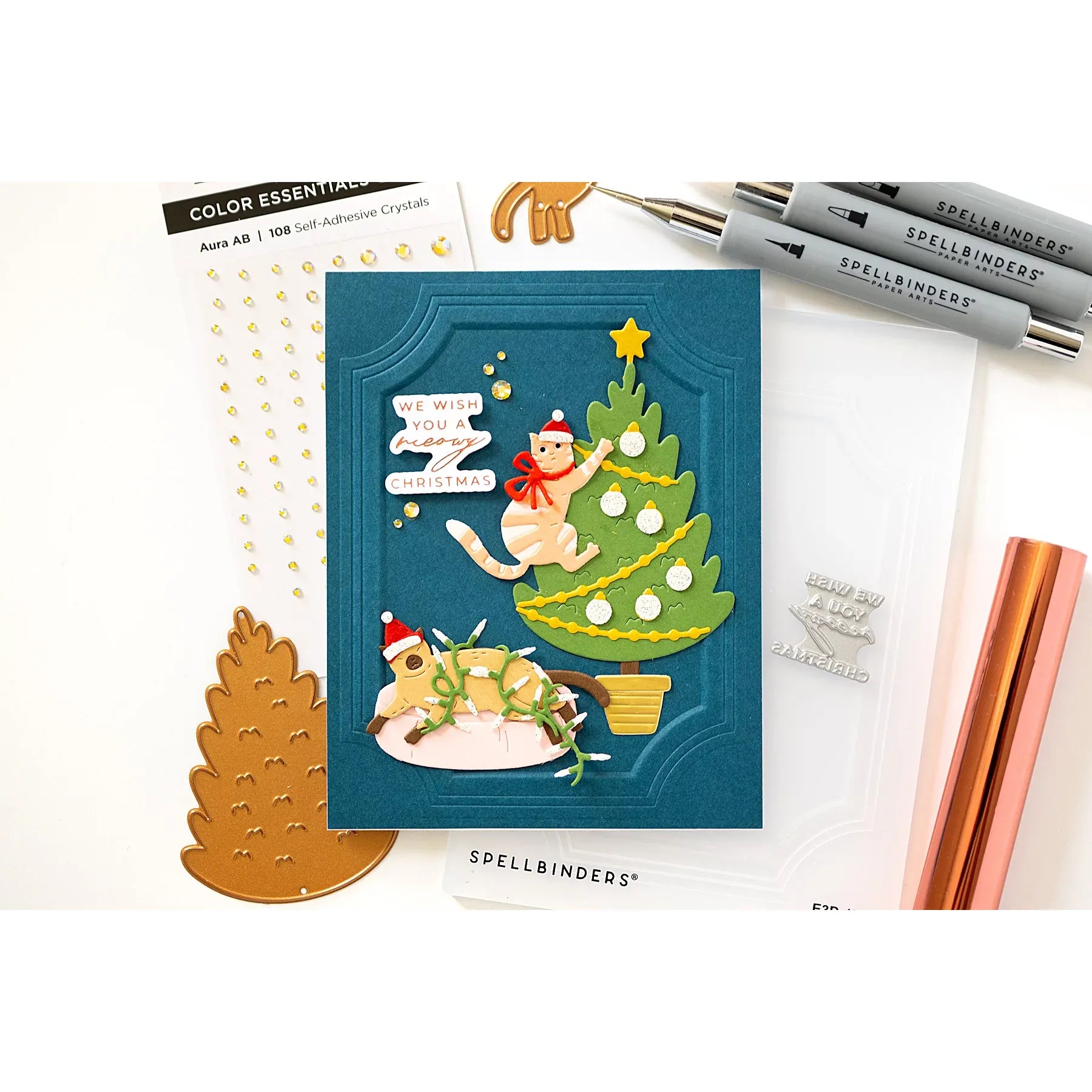 Spellbinders Christmas Cats Accessories Etched Dies s4-1547 cat with lights christmas tree christmas card