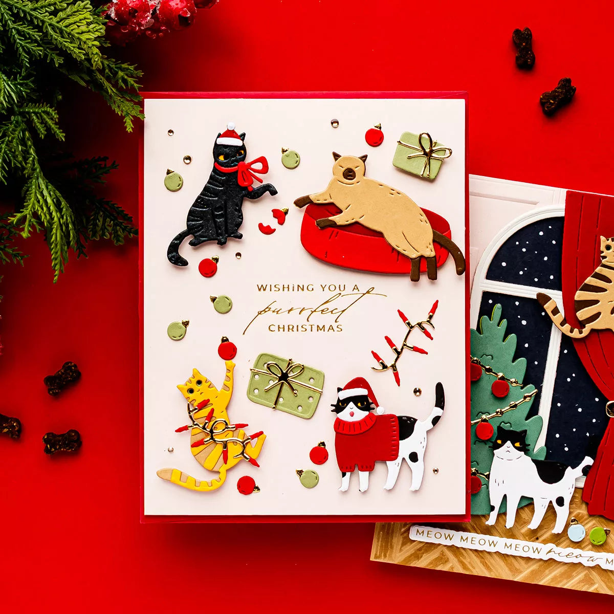 Spellbinders Christmas Cats Etched Dies s4-1546 multicolor cats ornaments red sweater christmas card