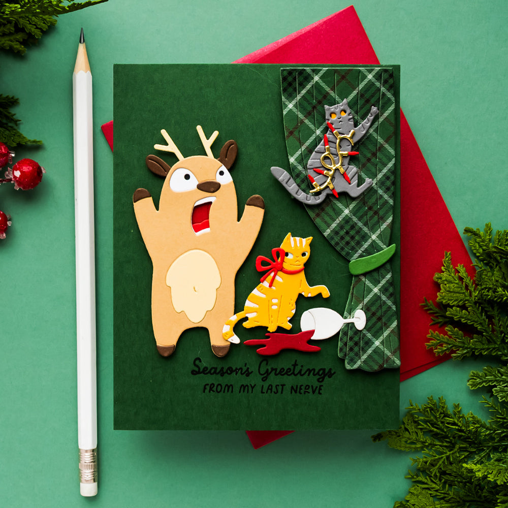 Spellbinders Christmas Cats Etched Dies s4-1546 reindeer green plaid curtains spilled wine season's greetings card yana smakula