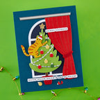 Spellbinders Christmas Cats Window View Etched Dies s5-761 red curtains cat on christmas tree merry catmess card