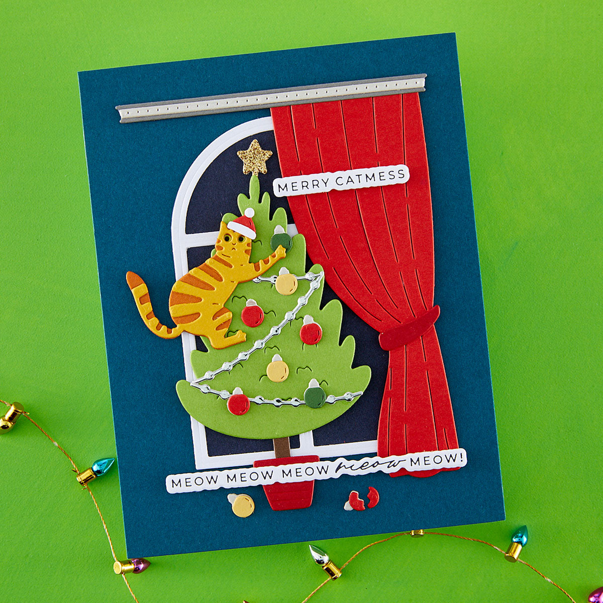 Spellbinders Christmas Cats Window View Etched Dies s5-761 red curtains cat on christmas tree merry catmess card