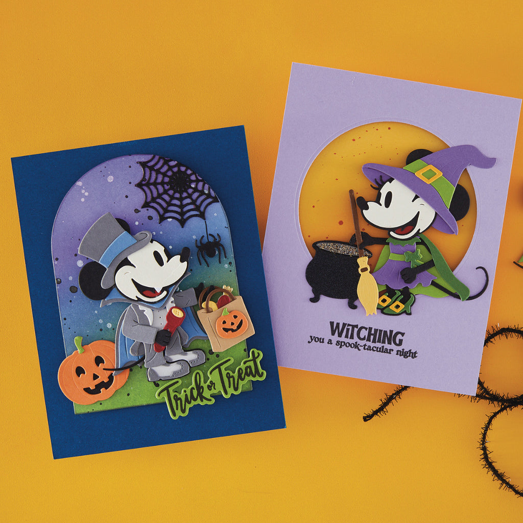 Spellbinders Classic Mouse Costume Party I Want It All Die and Stamp Set bd-1141 trick or treat mickey and minnie cards