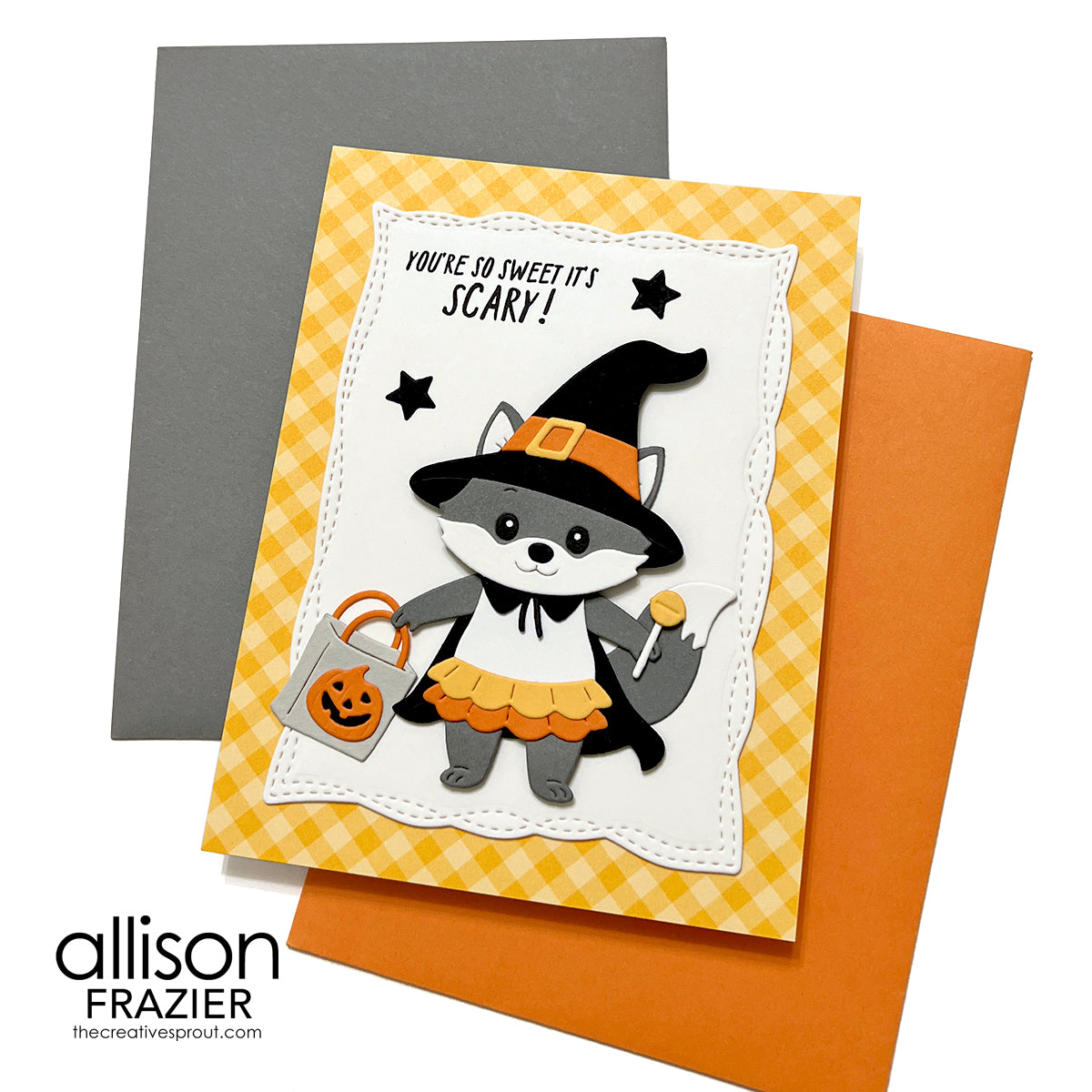 Spellbinders Classic Mouse Trick-or-Treat Accessories Etched Dies s4-1567 fox in costume lollipop pumpkin bag halloween card allison frazier