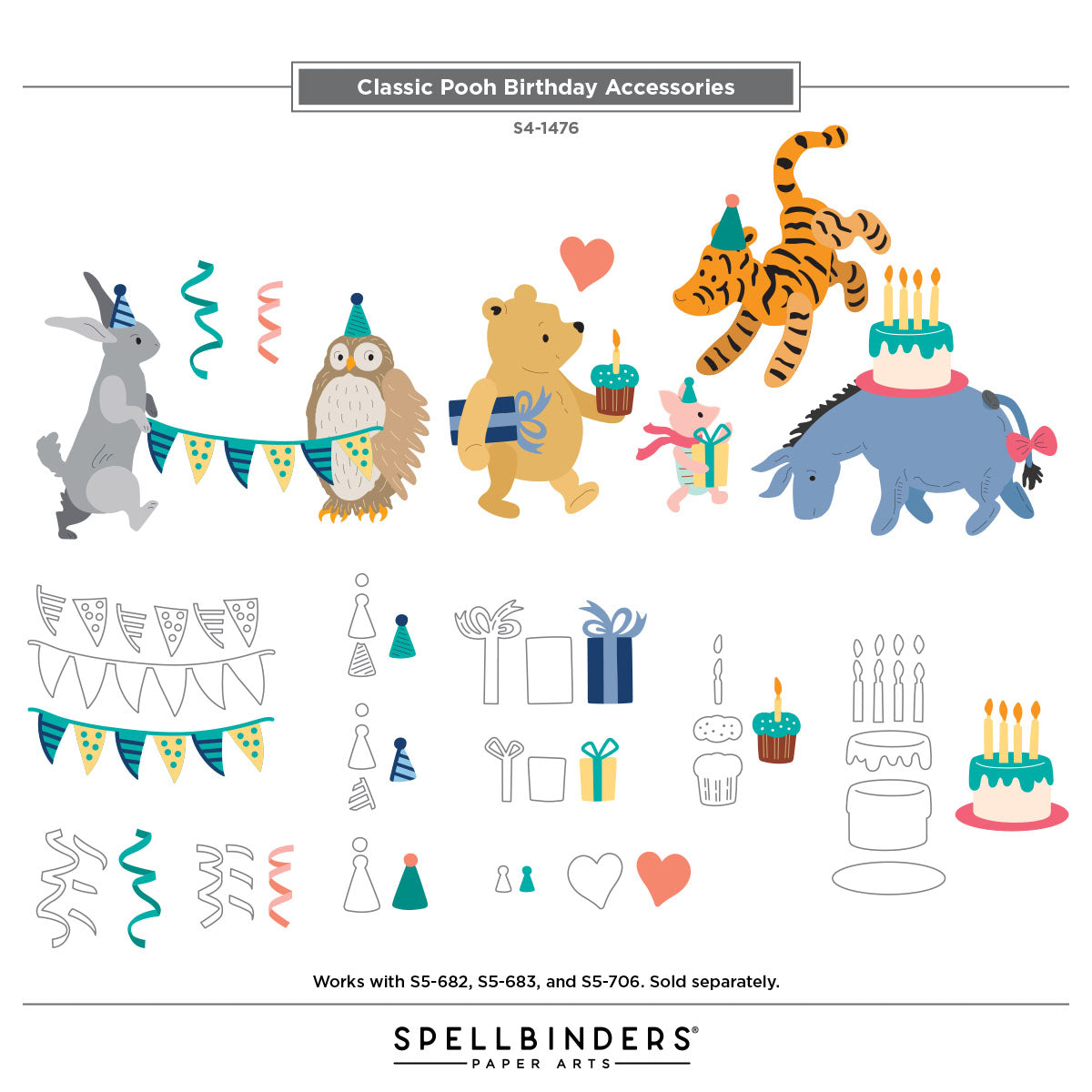 Spellbinders Classic Pooh Birthday Accessories Etched Dies s4-1476 accessories