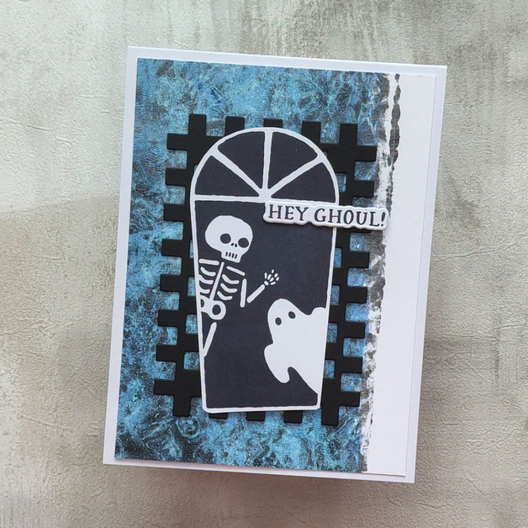 Spellbinders Color Block Accent Rectangles Etched Dies s5-772 ghost and skeleton window checkered background hey ghoul card
