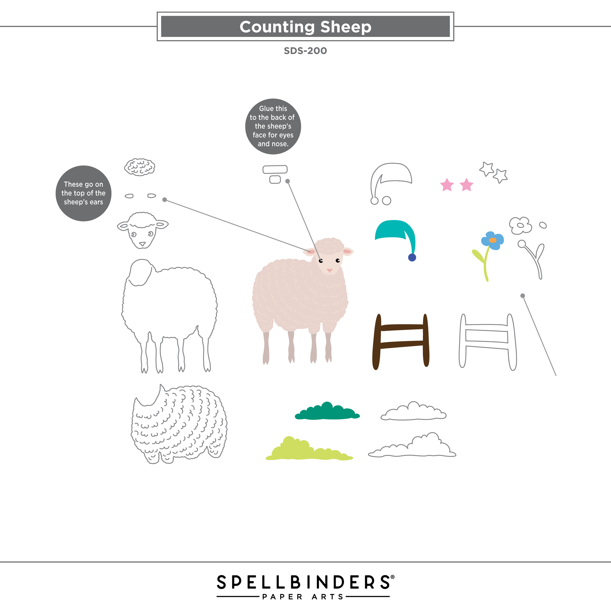 Spellbinders Counting Sheep Clear Stamp and Die Set sds-200 assembly