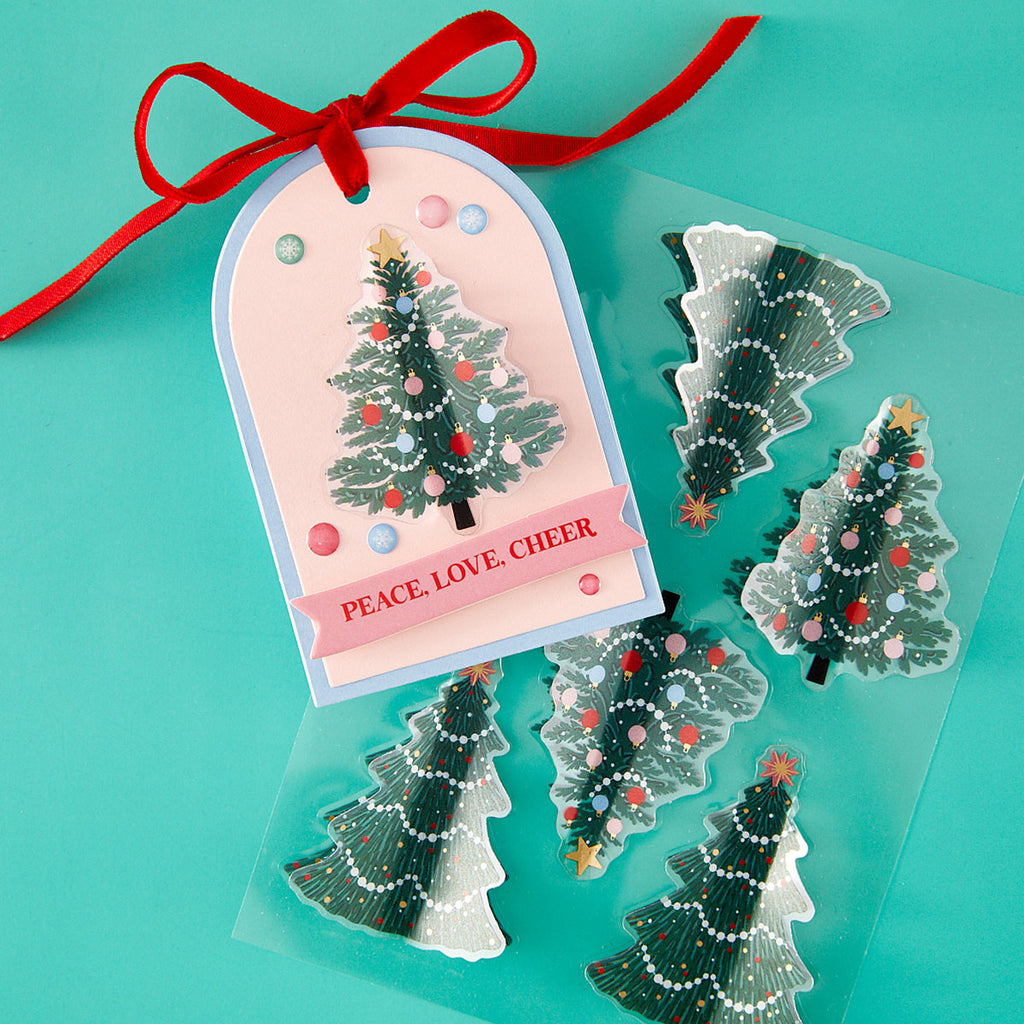 Spellbinders Dear Santa Christmas Trees Dimensional Stickers scse-052 tree with ornaments peace love cheer card