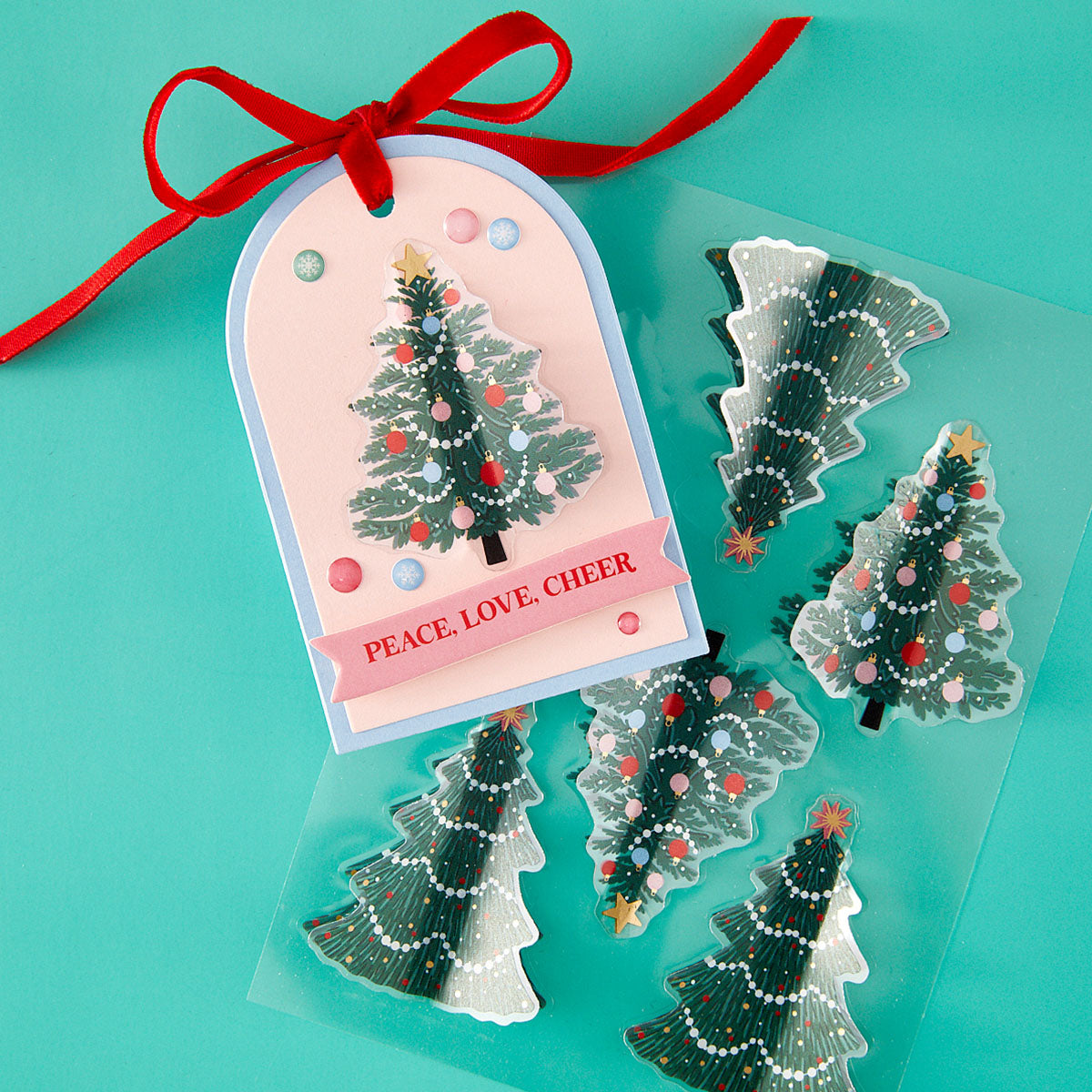 Spellbinders Dear Santa Christmas Trees Dimensional Stickers scse-052 tree with ornaments peace love cheer card