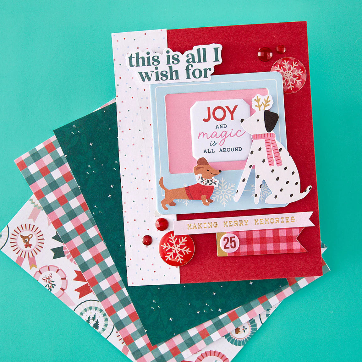 Spellbinders Dear Santa Epoxy Embellishments scse-043 dogs with scarves snowflakes making merry memories card