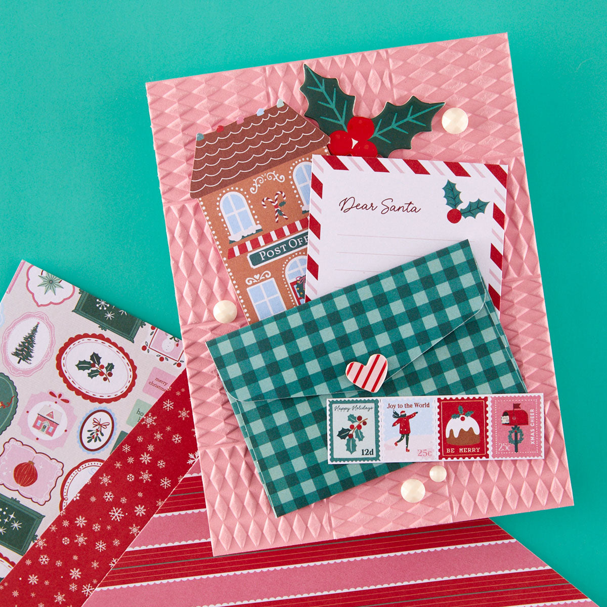 Spellbinders Dear Santa Gemstones scsg-012 dear santa letter green envelope stamps card