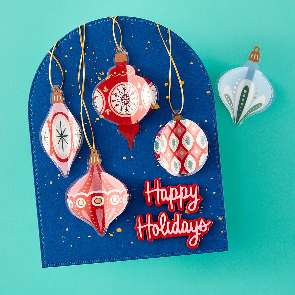 Spellbinders Dear Santa Ornaments Dimensional Stickers scse-048 blue background gold spots happy holidays card