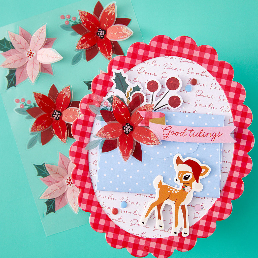 Spellbinders Dear Santa Poinsettias Dimensional Stickers scse-049 deer with santa hat good tidings card