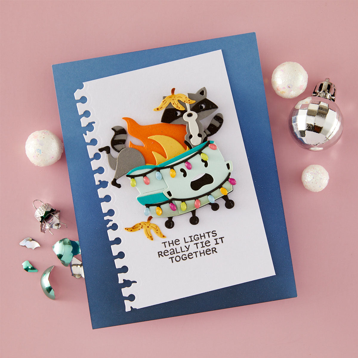 Spellbinders Deck the Dumpster Stamp and Die Bundle the lights really tie it together raccoon christmas