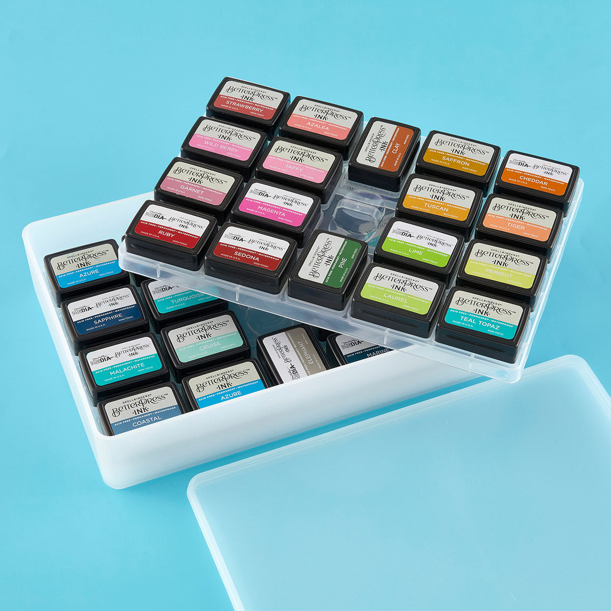 Spellbinders Deep Stax Tray and Ink Pad Bundle filled with betterpress ink pads