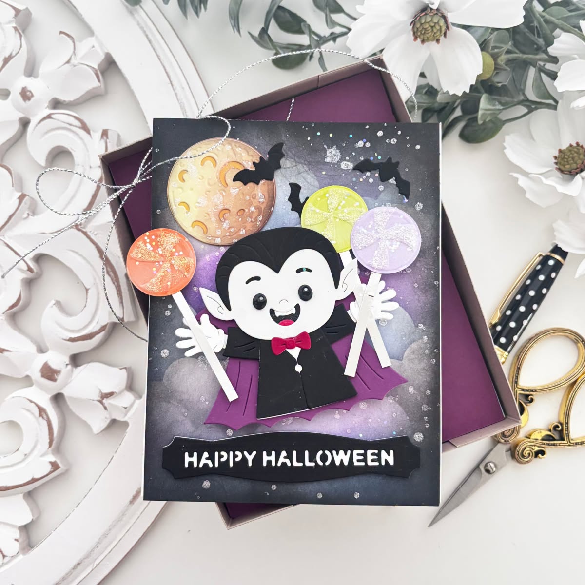 Spellbinders Drac Etched Dies s6-272 bats in sky vampire with lollipops purple cape happy halloween card