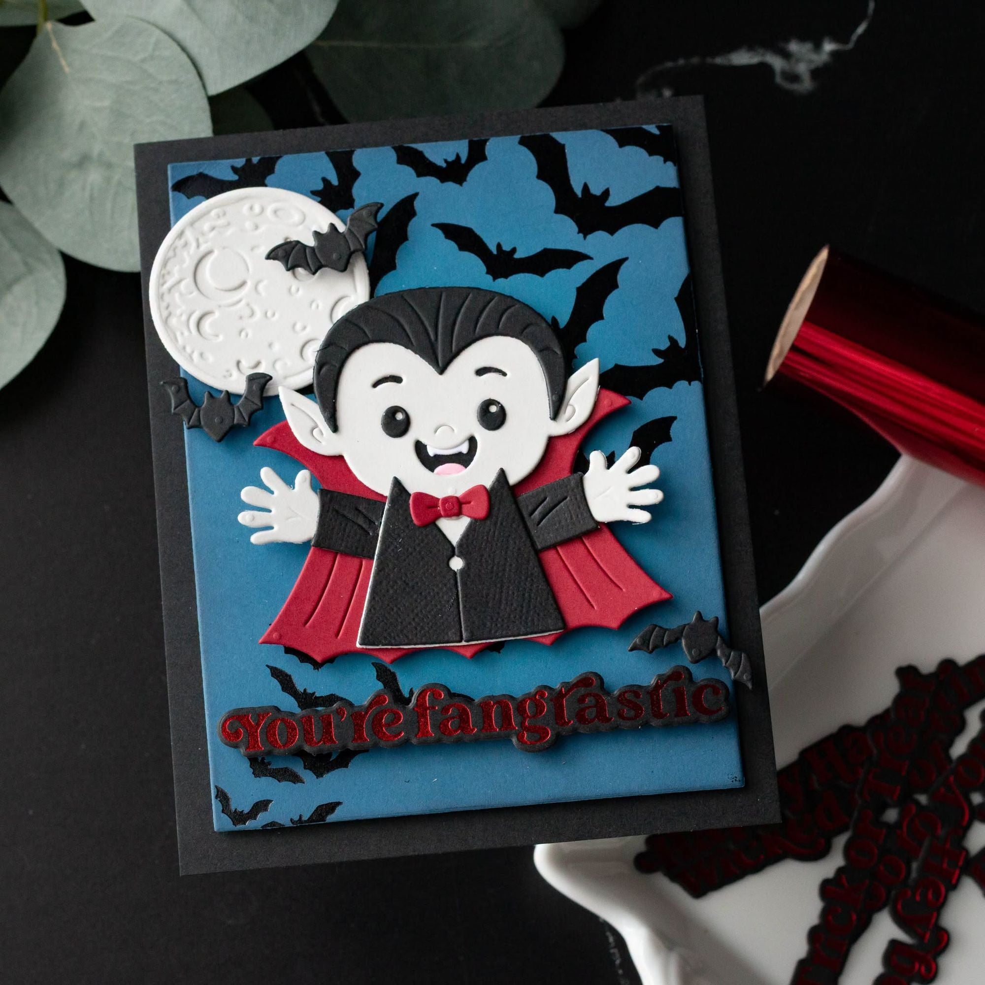 Spellbinders Drac Etched Dies s6-272 vampire with red cape bats full moon halloween card
