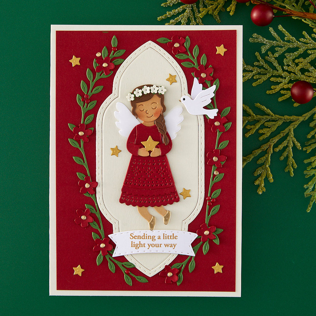 Spellbinders Everyday Blessings and Banners Stamp and Die Set sds-230 angel with red dress white dove sending light your way card