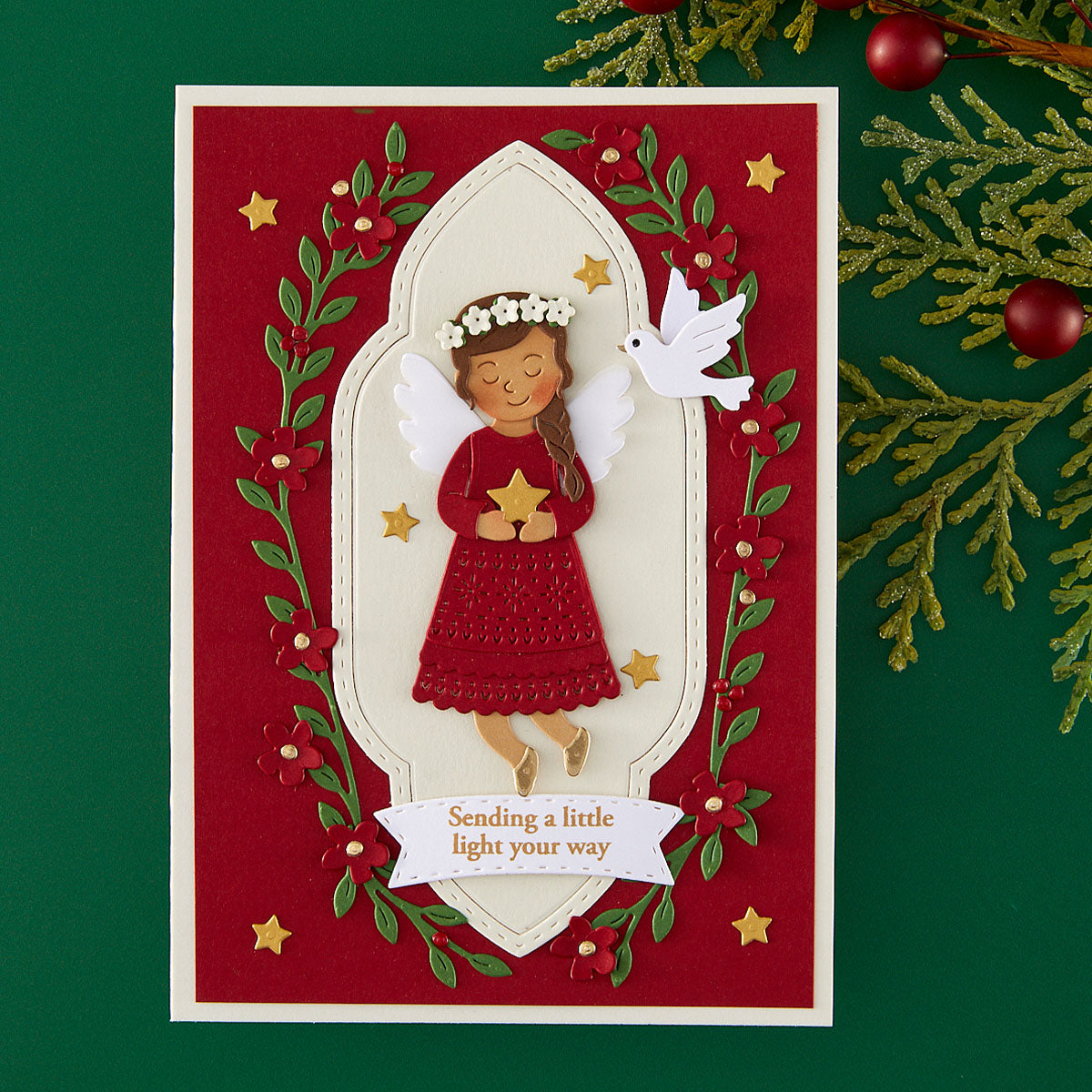 Spellbinders Everyday Blessings and Banners Stamp and Die Set sds-230 angel with red dress white dove sending light your way card