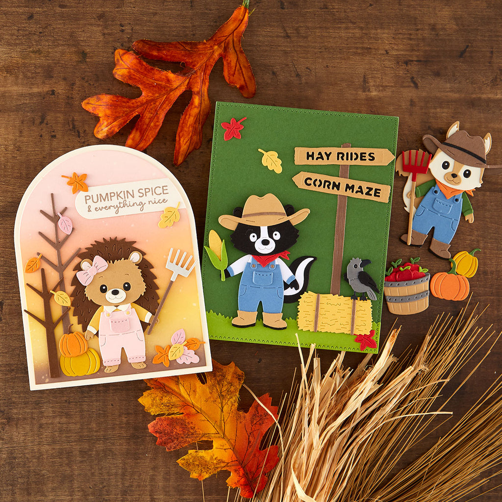 Spellbinders Fall Adventures I Want It All Stamp and Die Set bd-1154 pumpkin spice hay rides squirrel skunk hedgehog autumn cards