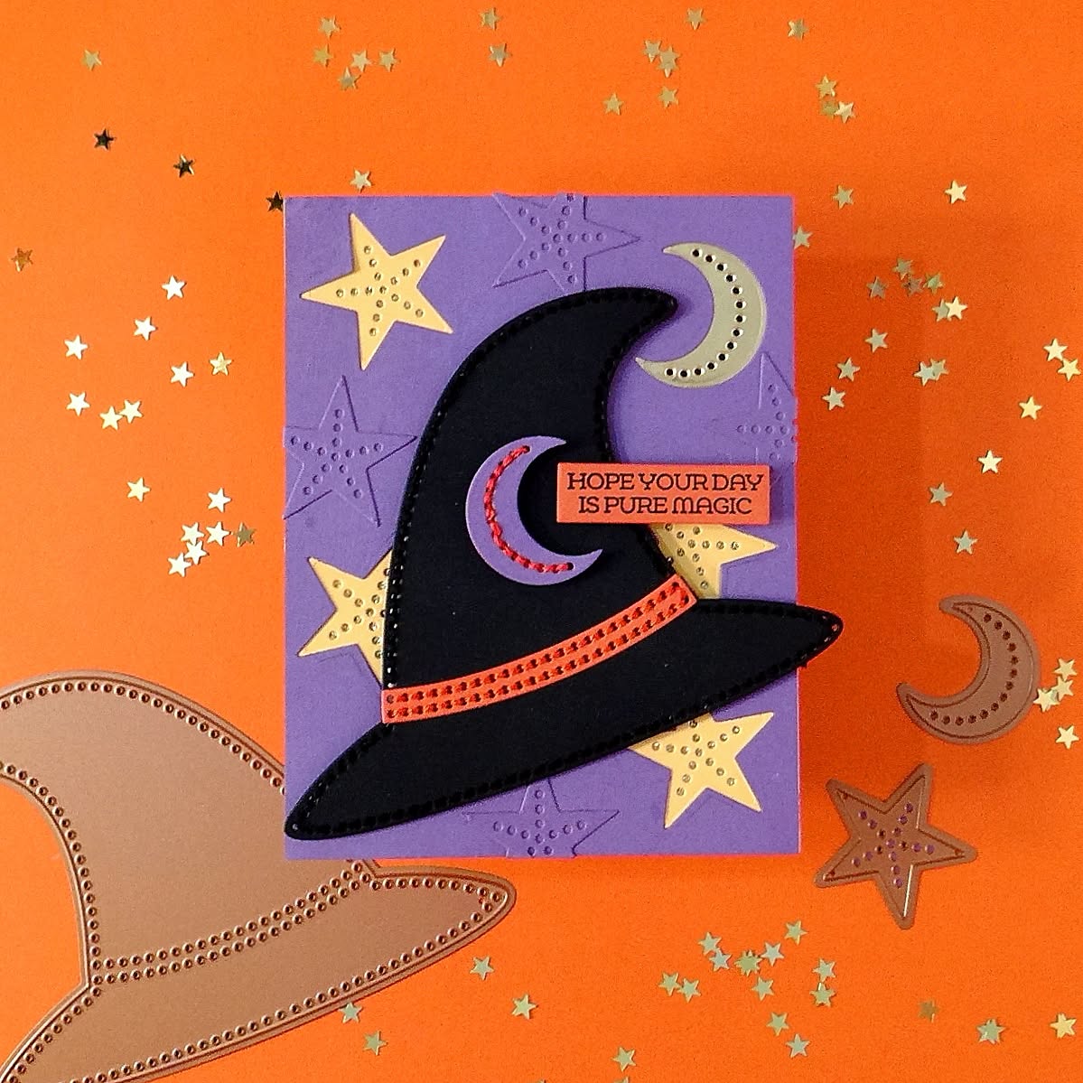Spellbinders Felt Charming Witch Hat Etched Dies s4-1564 purple and yellow stars moon card