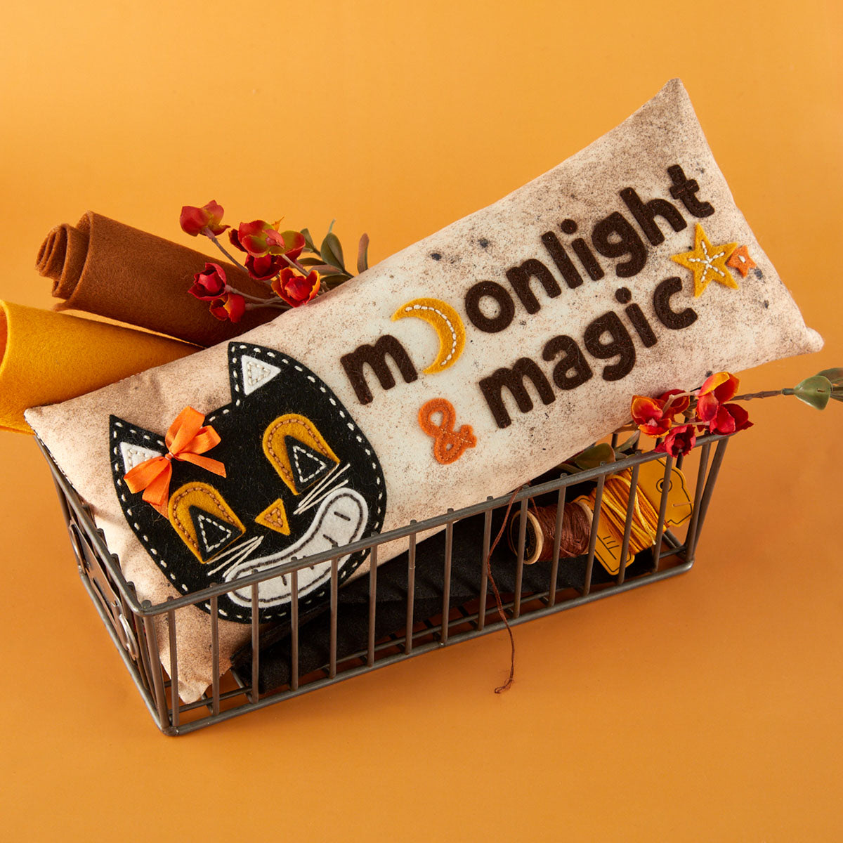 Spellbinders Felt Fright Night Feline Etched Dies s7-301 cat head with orange bow moonlight and magic