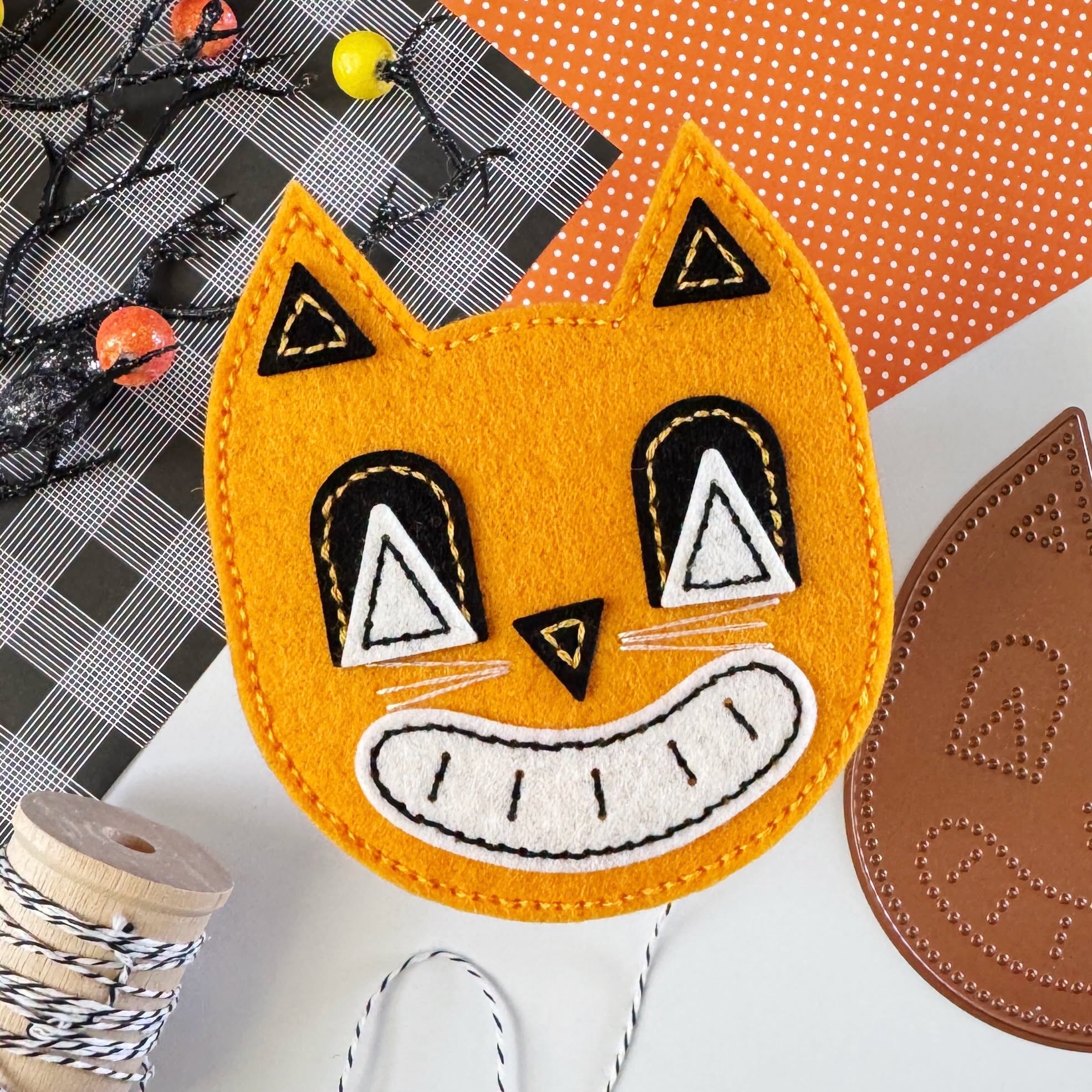 Spellbinders Felt Fright Night Feline Etched Dies s7-301 orange cat head 