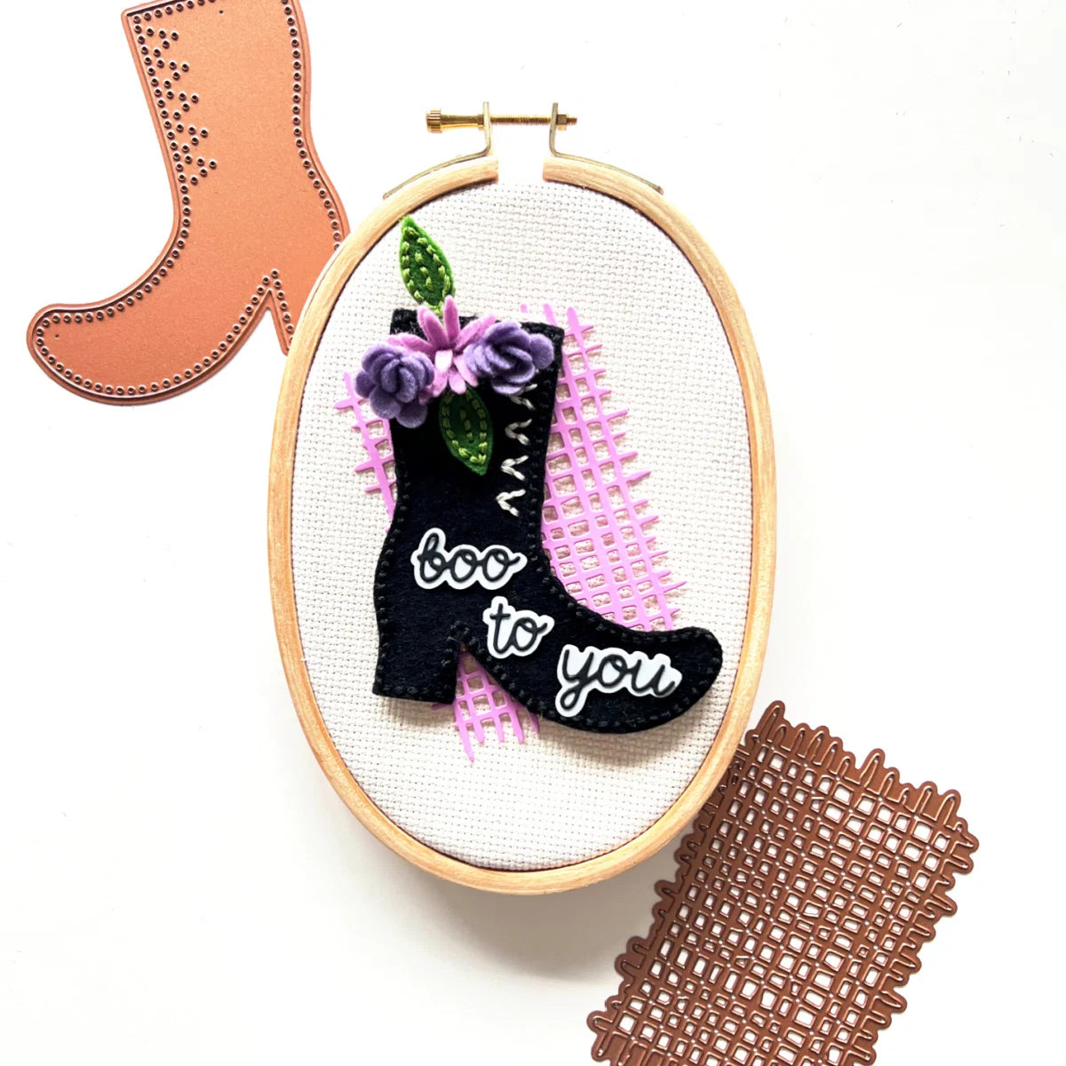 Spellbinders Felt Harvest Witch Boot Etched Dies s4-1562 black boot purple flowers boo to you