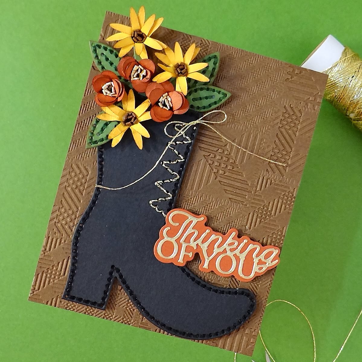 Spellbinders Felt Harvest Witch Boot Etched Dies s4-1562 black boot with flowers thinking of you card
