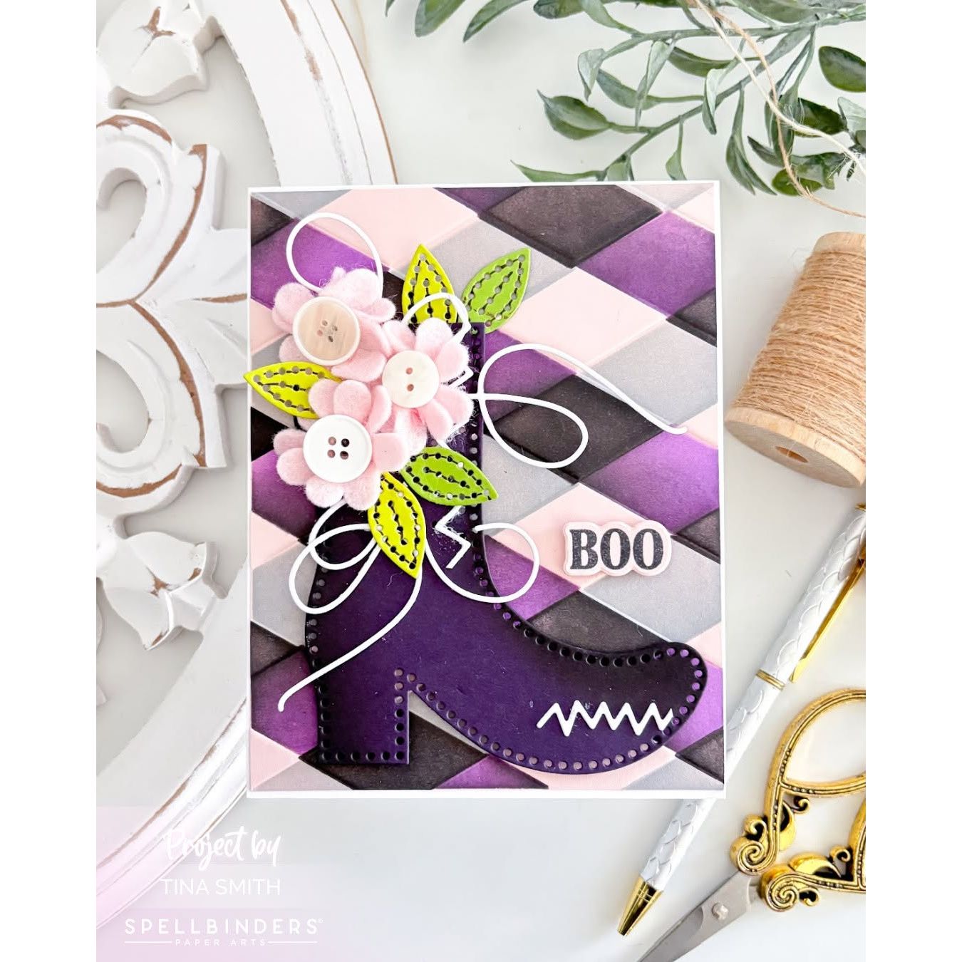 Spellbinders Felt Harvest Witch Boot Etched Dies s4-1562 purple boot with pink flowers purple checkered background boo card 