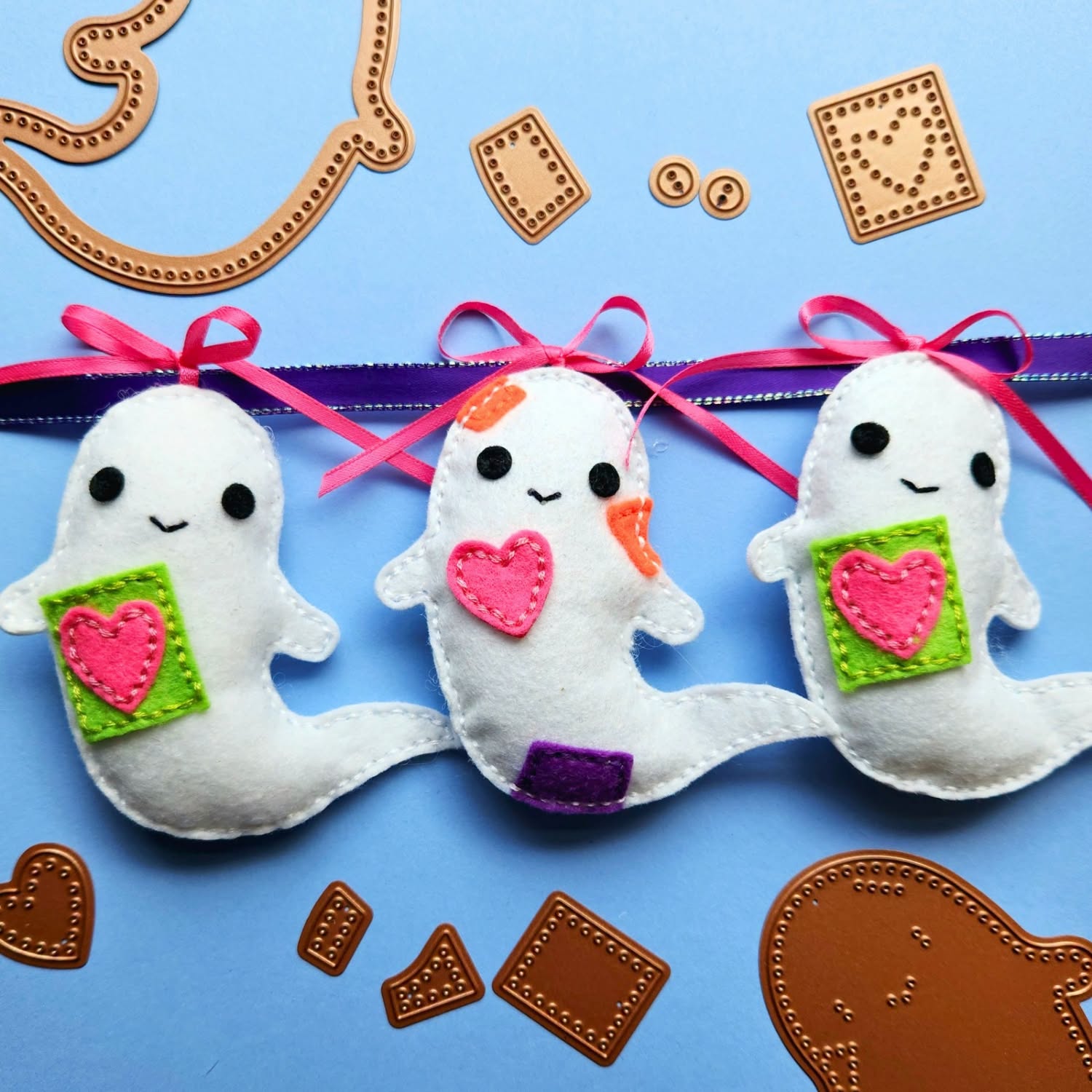Spellbinders Felt Patchwork Boo Etched Dies s5-773 pink ribbon ghosts pink hearts 