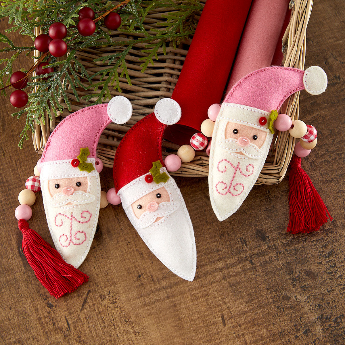 Spellbinders Felt Vintage Santa Etched Dies s6-275 pink hats white beards stitching