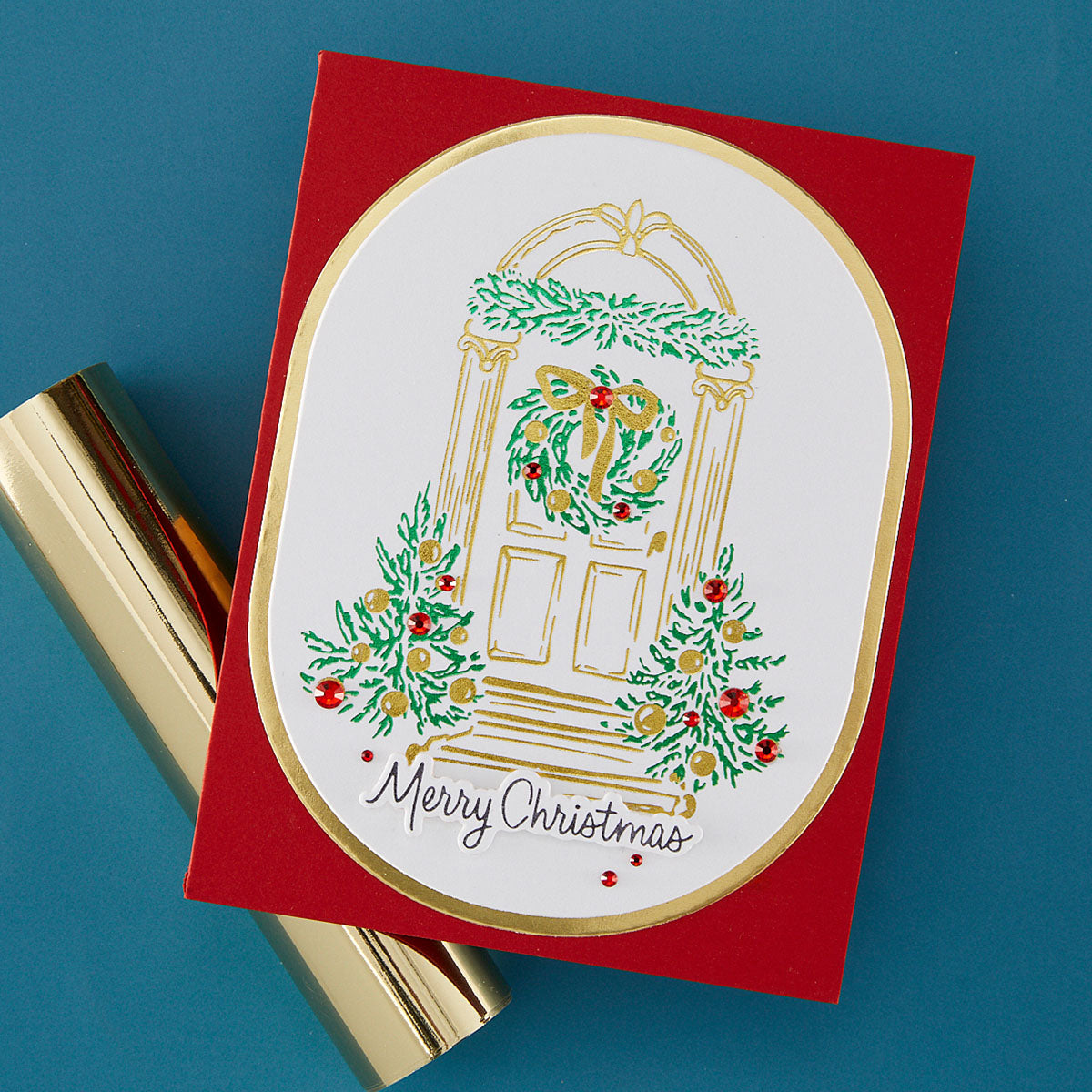 Spellbinders Festive Evergreens Registration Press and Foil Plate and Die Set bpr-050 gold doorway wreath tree ornaments merry christmas card