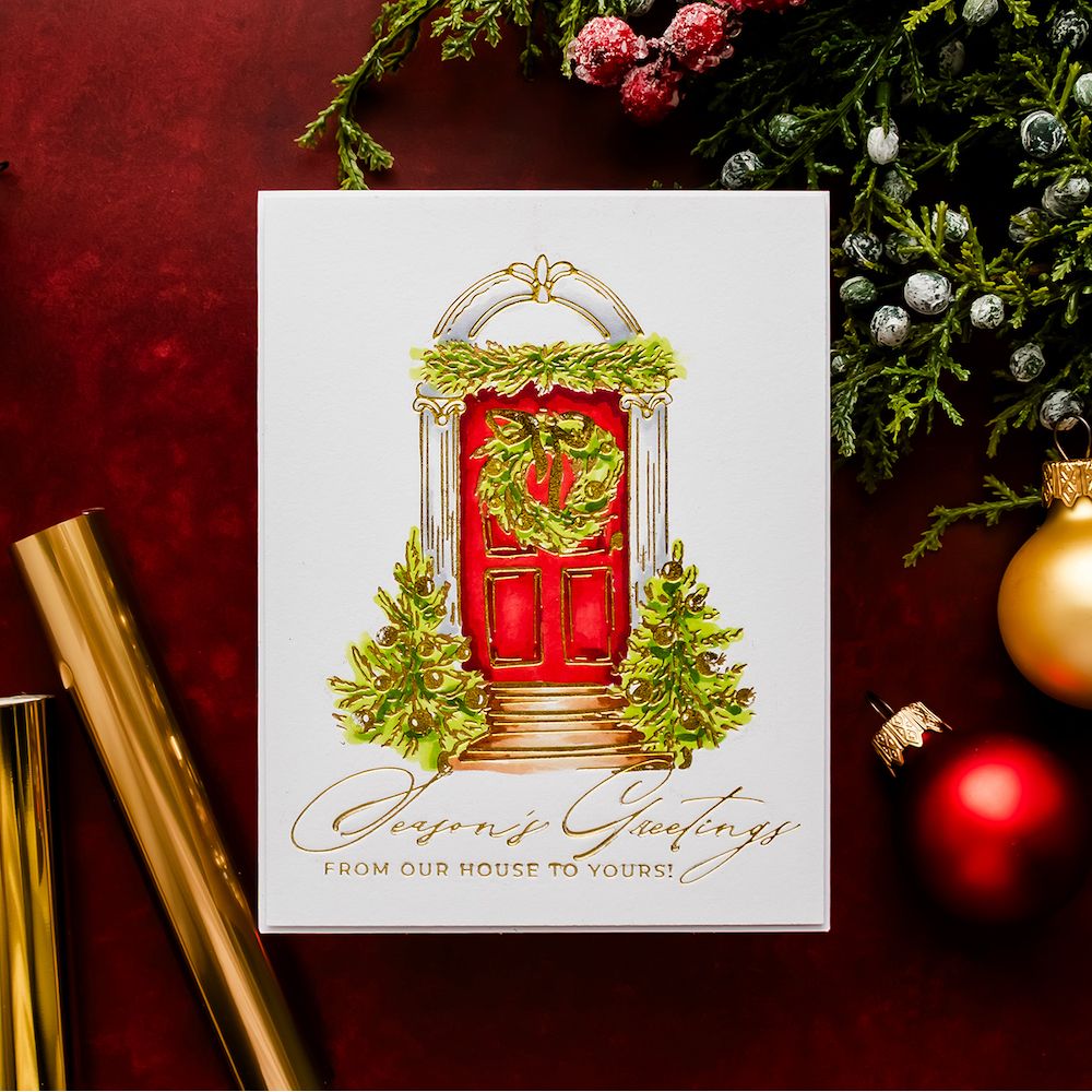 Spellbinders Festive Evergreens Registration Press and Foil Plate and Die Set bpr-050 red door wreath gold ornaments season's greetings card yana smakula