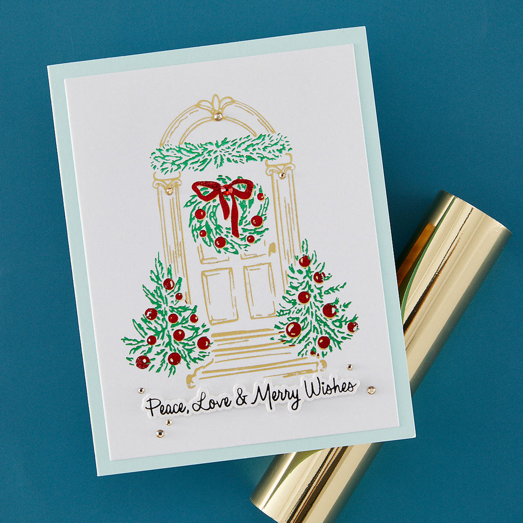 Spellbinders Festive Evergreens Registration Press and Foil Plate and Die Set bpr-050 red ornaments on trees red bow garland peace love and merry wishes card