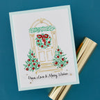 Spellbinders Festive Evergreens Registration Press and Foil Plate and Die Set bpr-050 red ornaments on trees red bow garland peace love and merry wishes card
