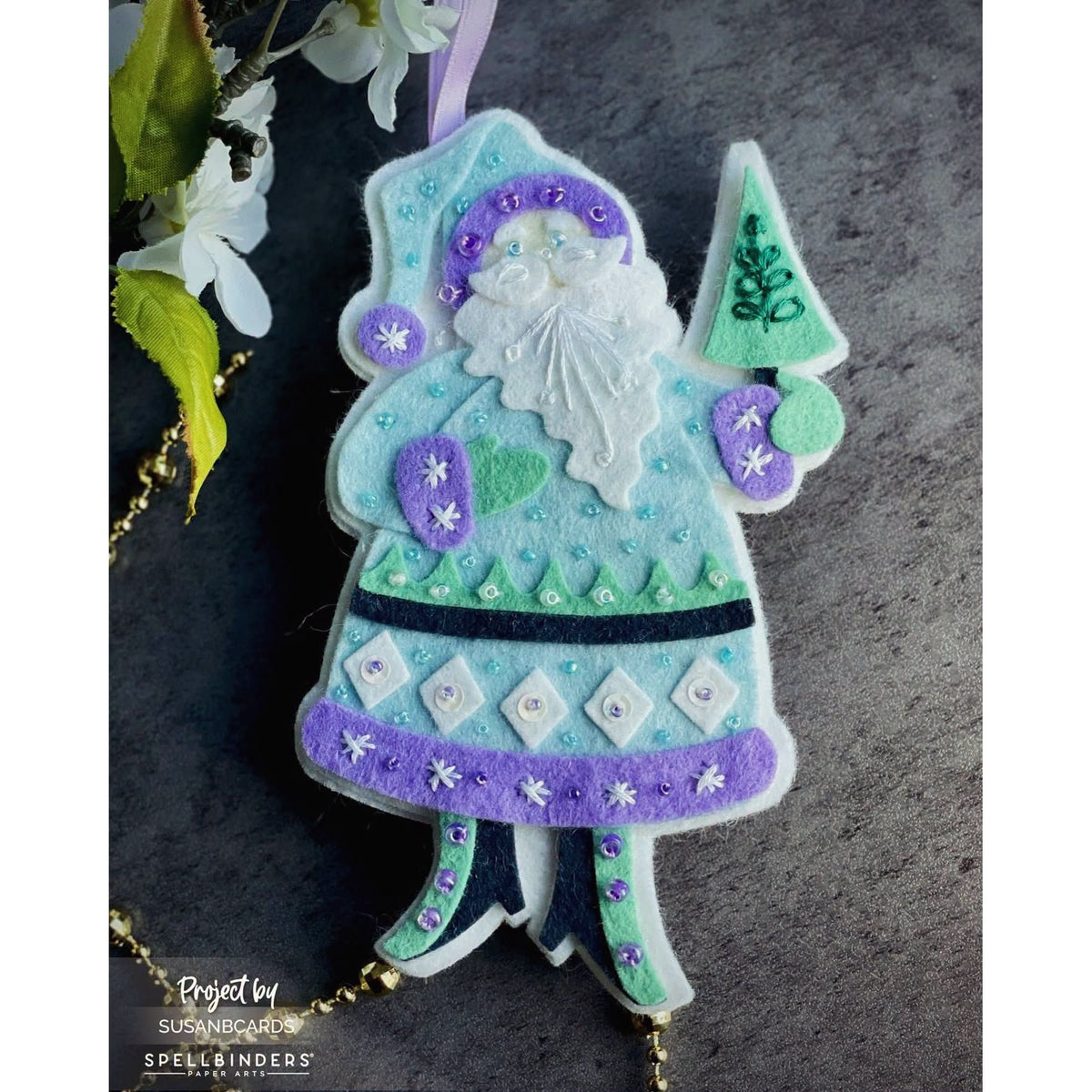 Spellbinders Festive Santa Etched Dies s7-303 blue and purple outfit green mini tree purple beads susanbcards