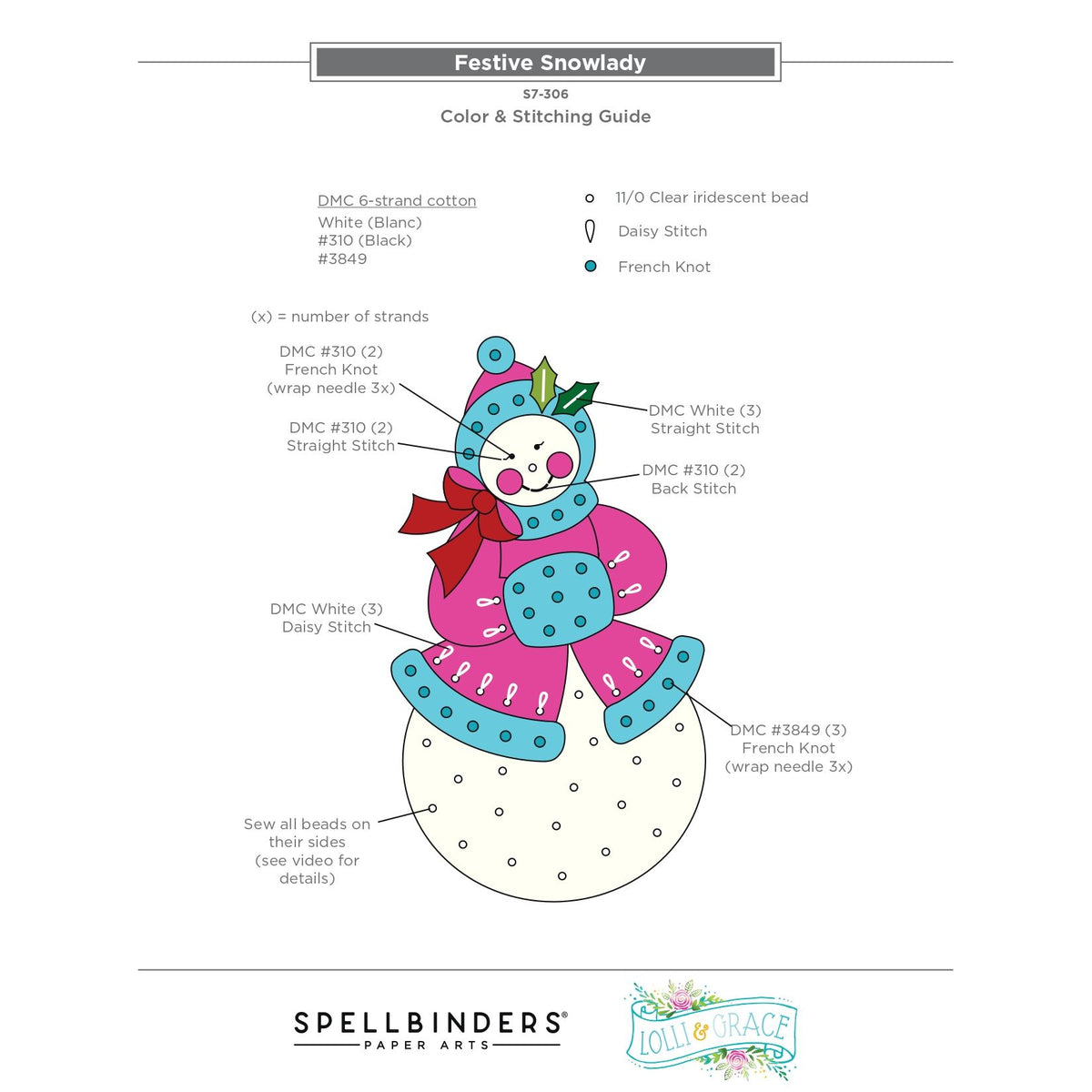 Spellbinders Festive Snowlady Etched Dies s7-306 color and stitching guide