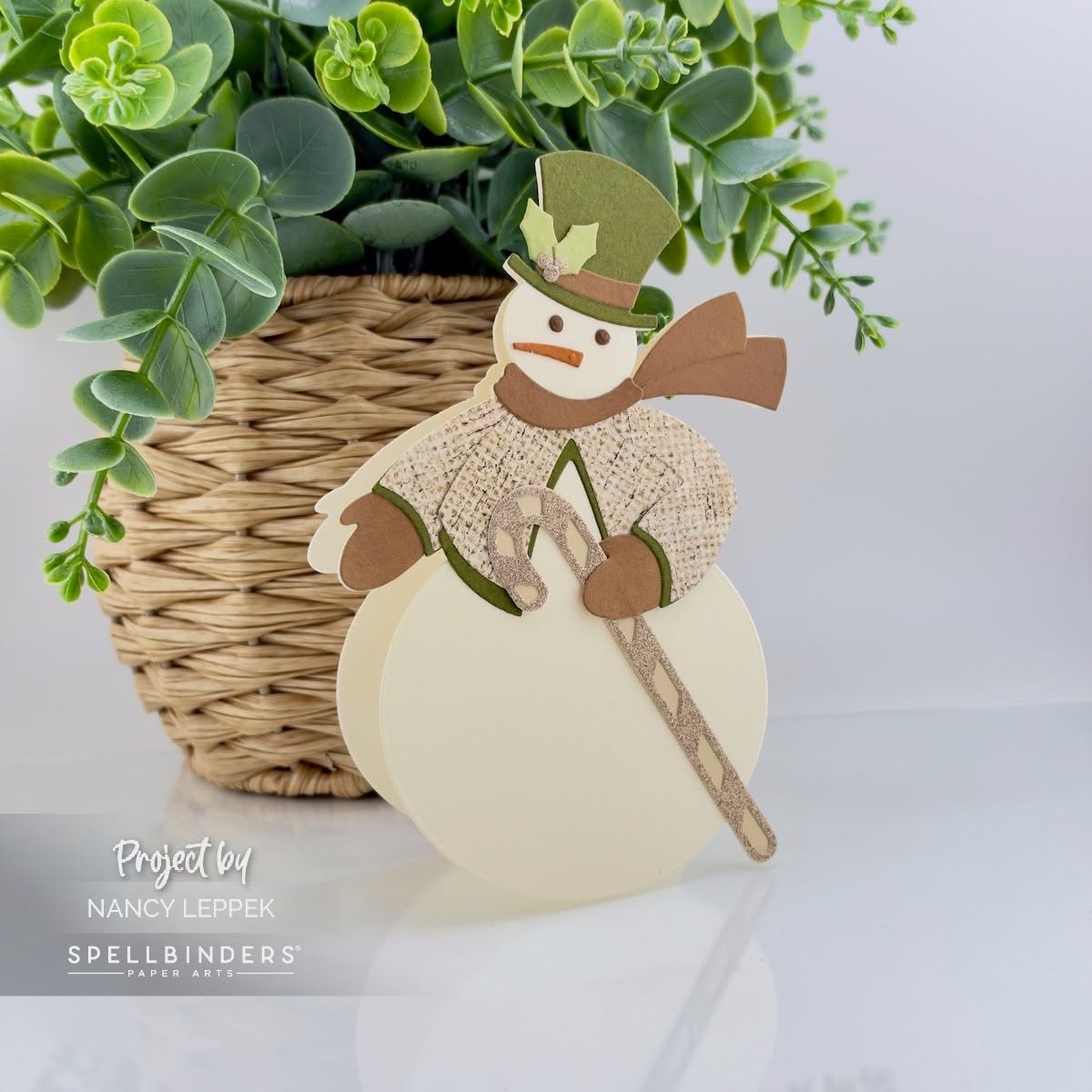 Spellbinders Festive Snowman Etched Dies s7-305 green hat brown scarf candy cane card nancy leppek
