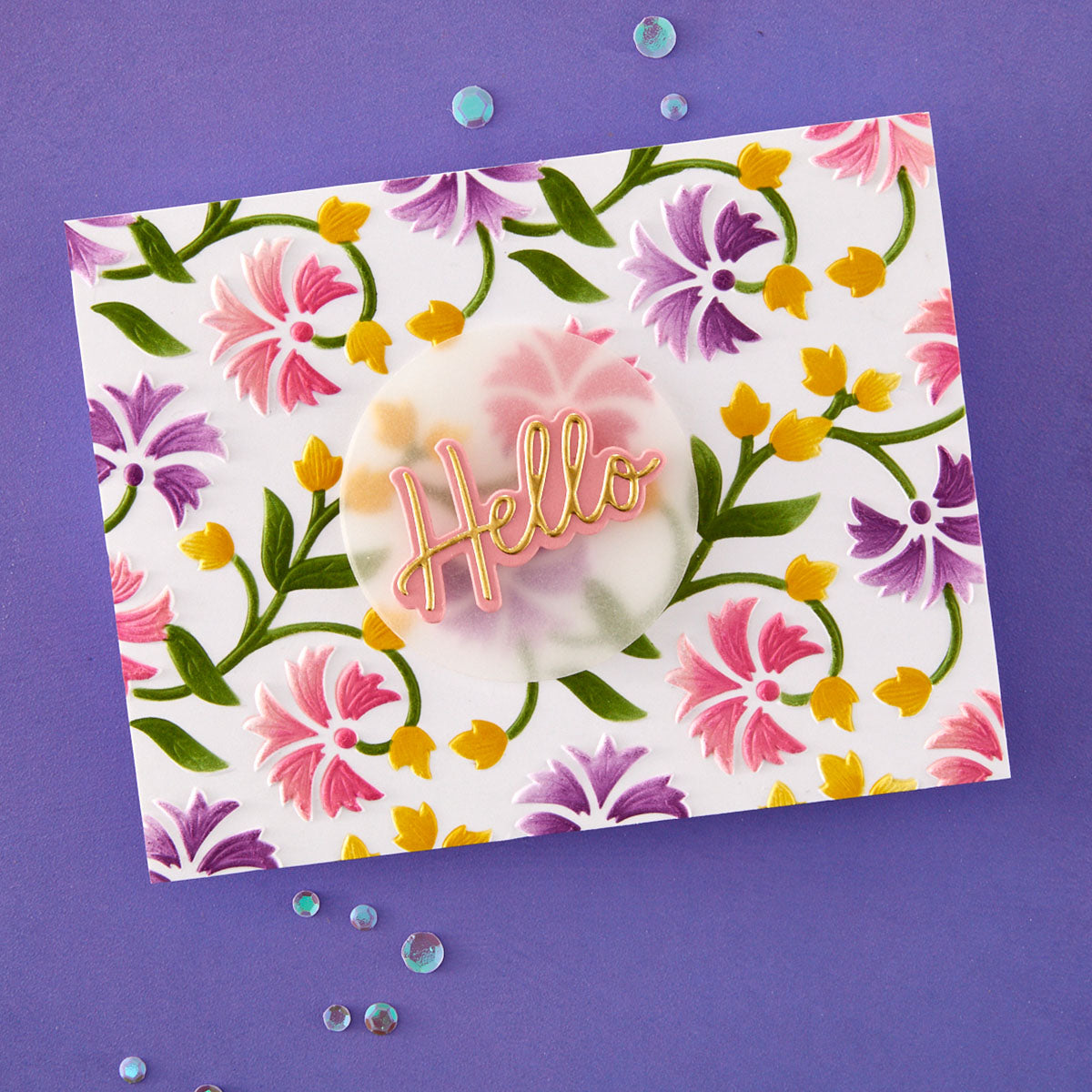 Spellbinders Flowing Florals 3D Embossing Folder and Stencil Bundle Hello card colorful flowers