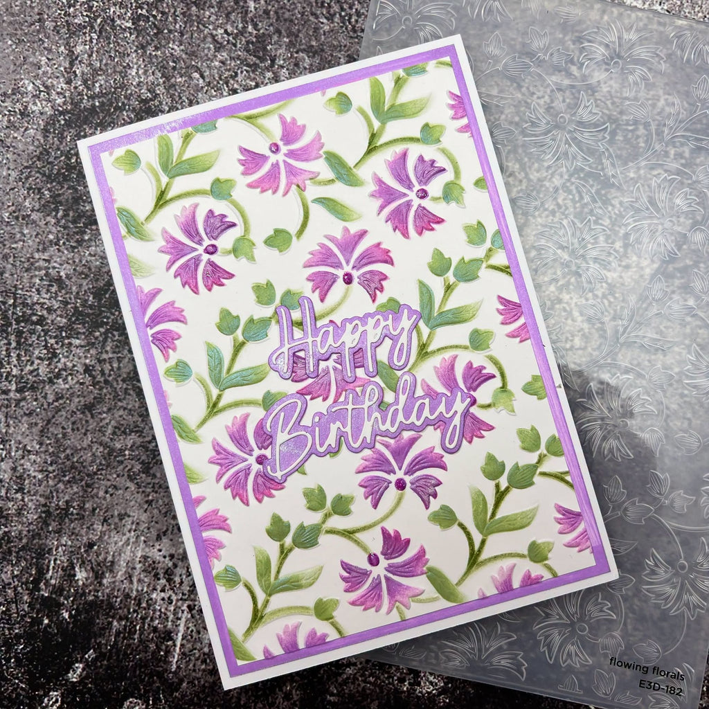 Spellbinders Flowing Florals 3D Embossing Folder e3d-182 purple flowers purple border birthday card