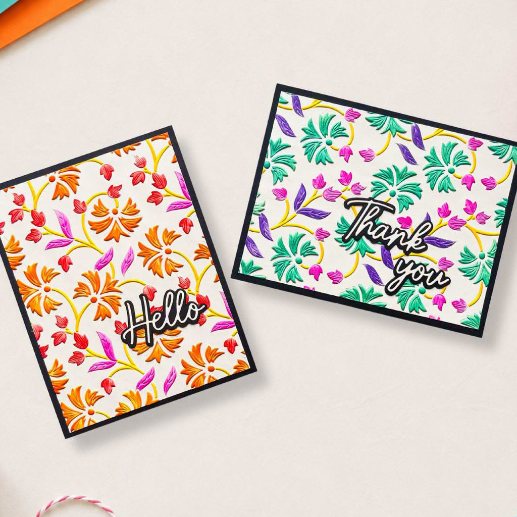 Spellbinders Flowing Florals Layered Stencils stn-134 green and orange flowers thank you and hello card