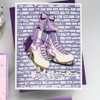Spellbinders Frosty Skates Etched Dies s4-1566 purple bow purple laces brick background holiday cheer card