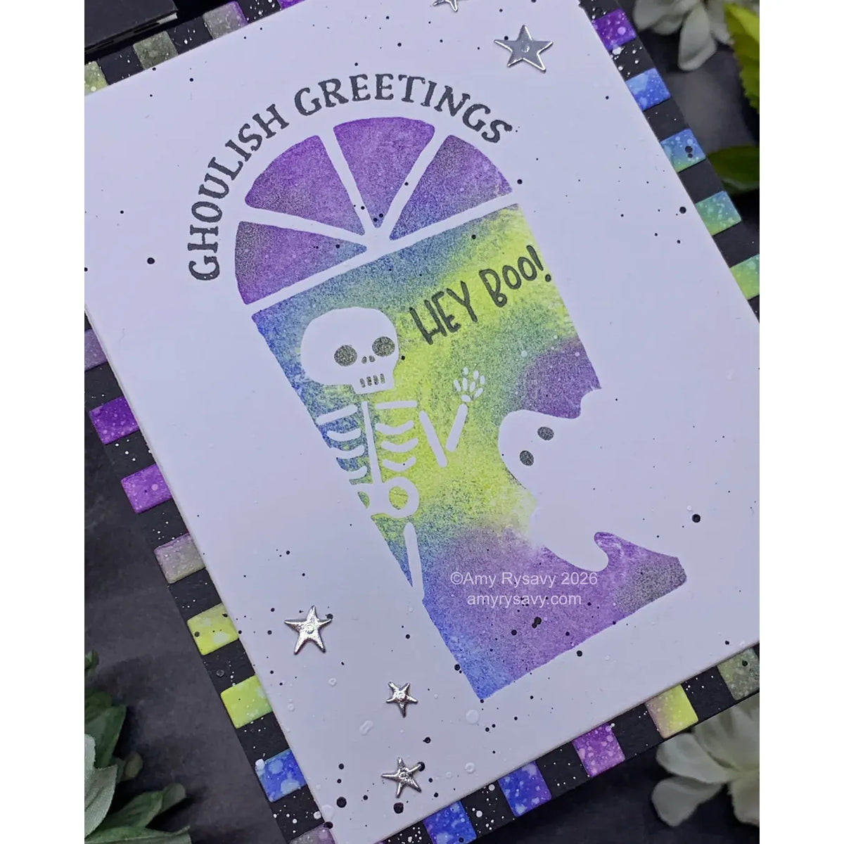 Spellbinders Ghoulish Greetings Press and Foil Plate and Die Set bp-384 skeleton waving in window ghost ghoulish greetings card amy rysavy | color-code:ALT01