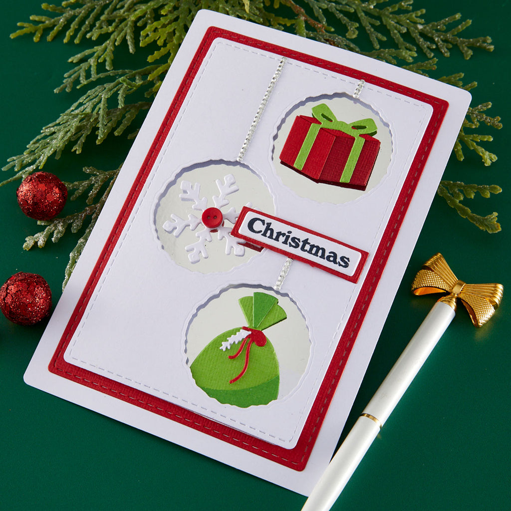 Spellbinders Gift Boxes and Bags Etched Dies s4-1553 green and red presents snowflake christmas card