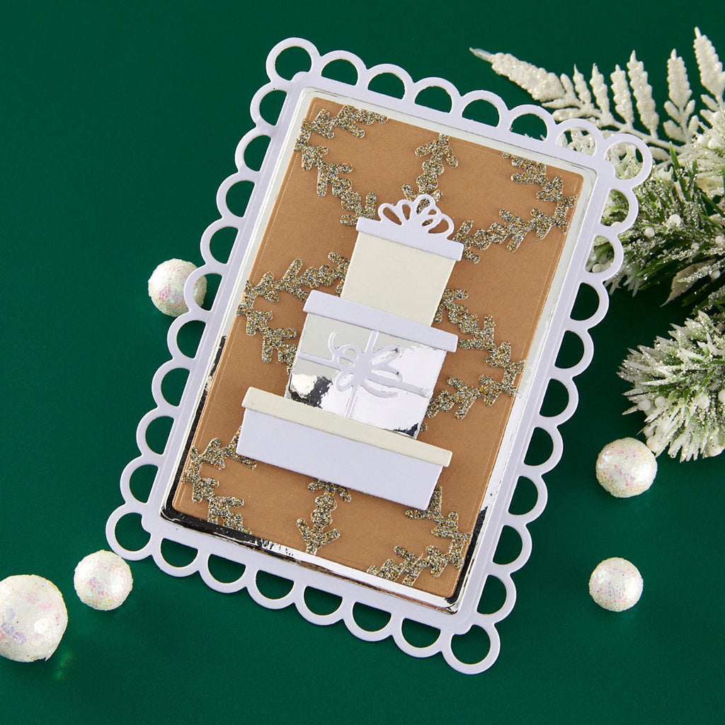 Spellbinders Gift Boxes and Bags Etched Dies s4-1553 white presents snowflake background card