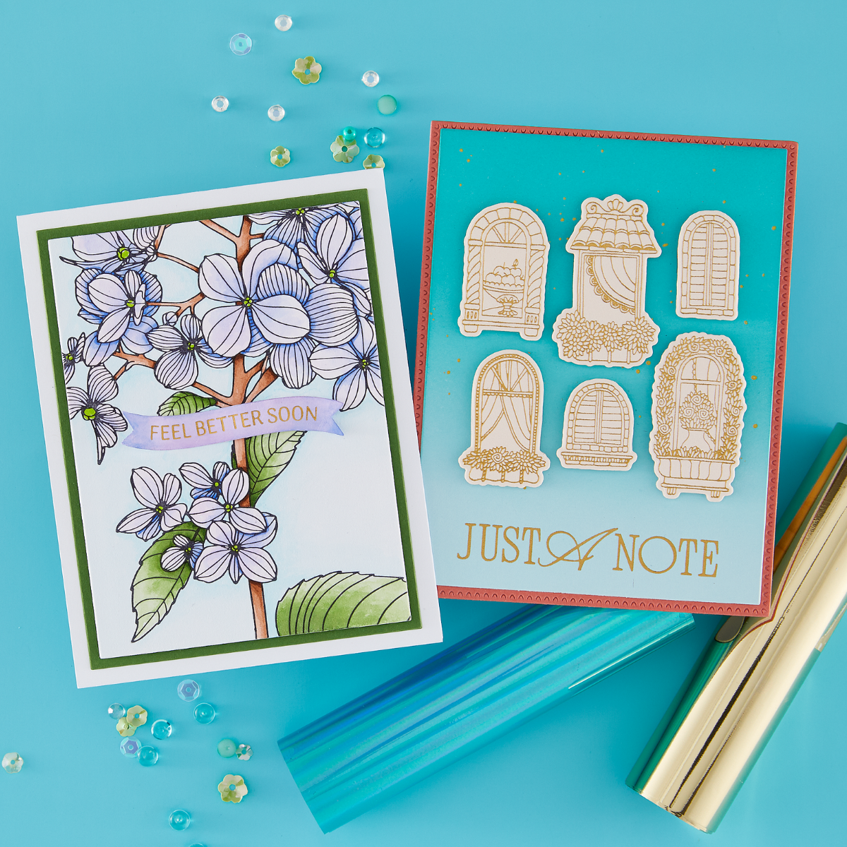 Spellbinders Glimmer II Hot Foil System US Version gls-010 feel better soon and just a note cards