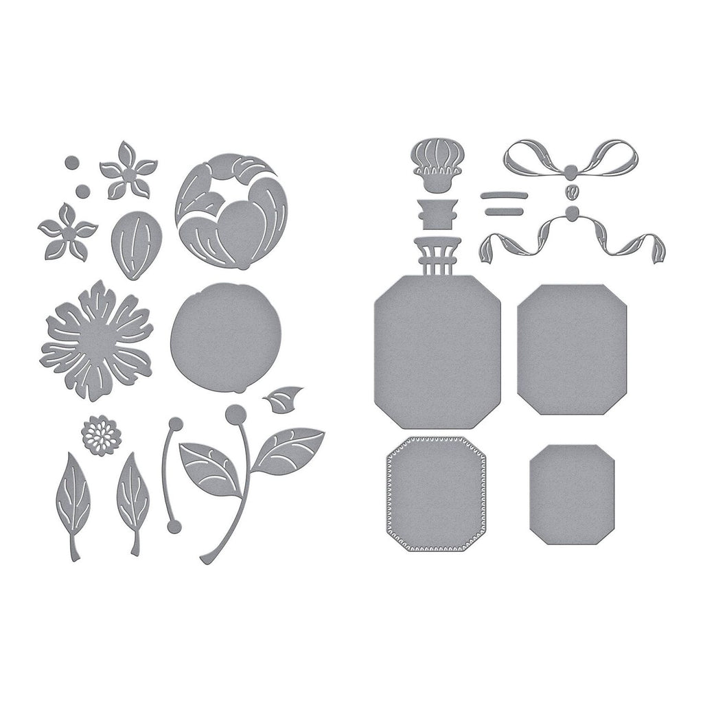 Spellbinders Gorgeous You Perfume Bottle and Florals Dies Bundle pieces