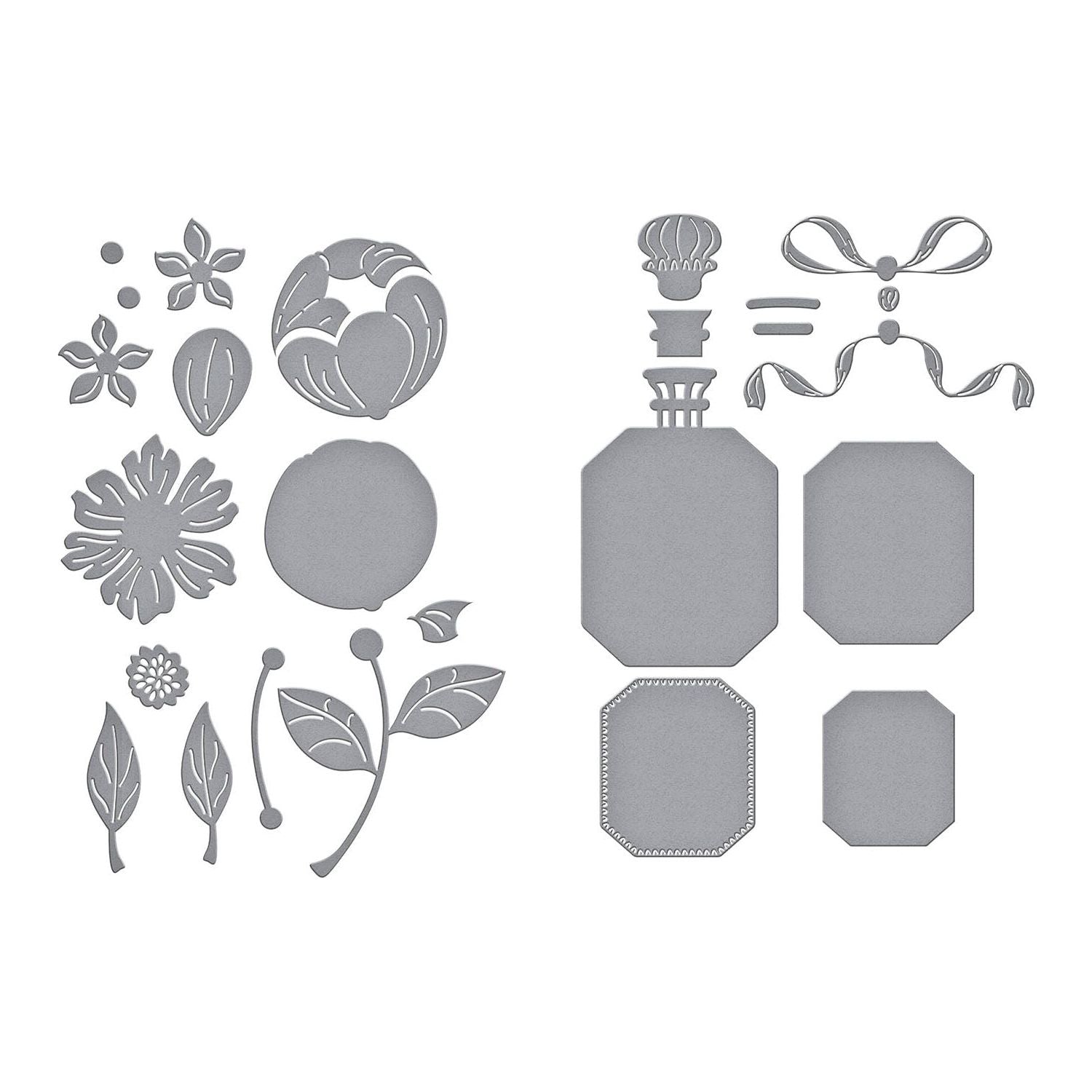 Spellbinders Gorgeous You Perfume Bottle and Florals Dies Bundle pieces