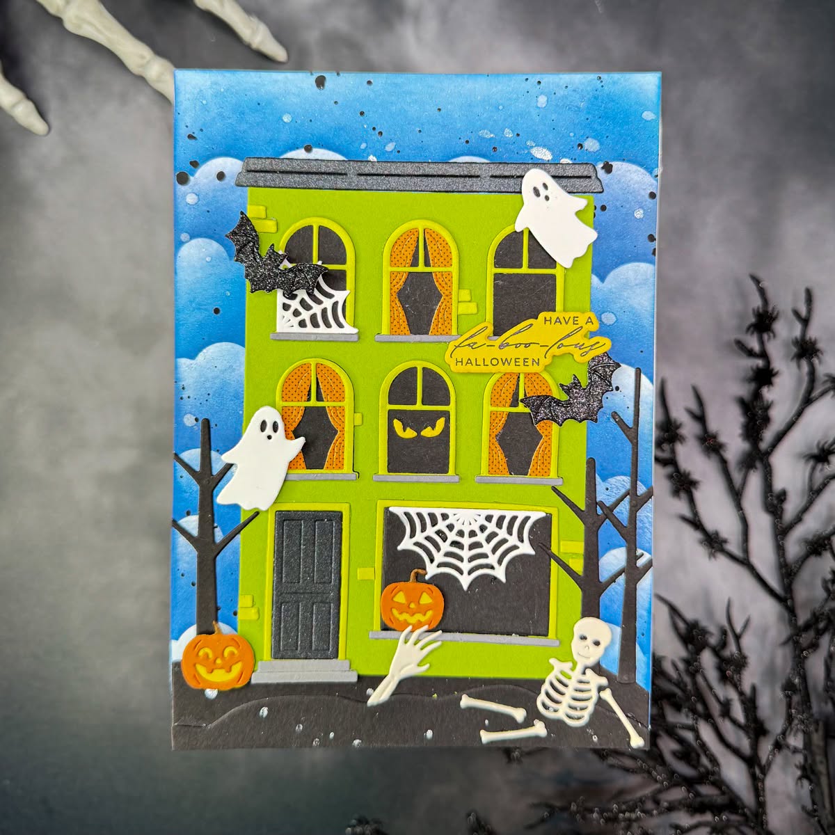 Spellbinders Halloween City Holiday Decorations Dies Bundle skeleton ghosts green house bat halloween card